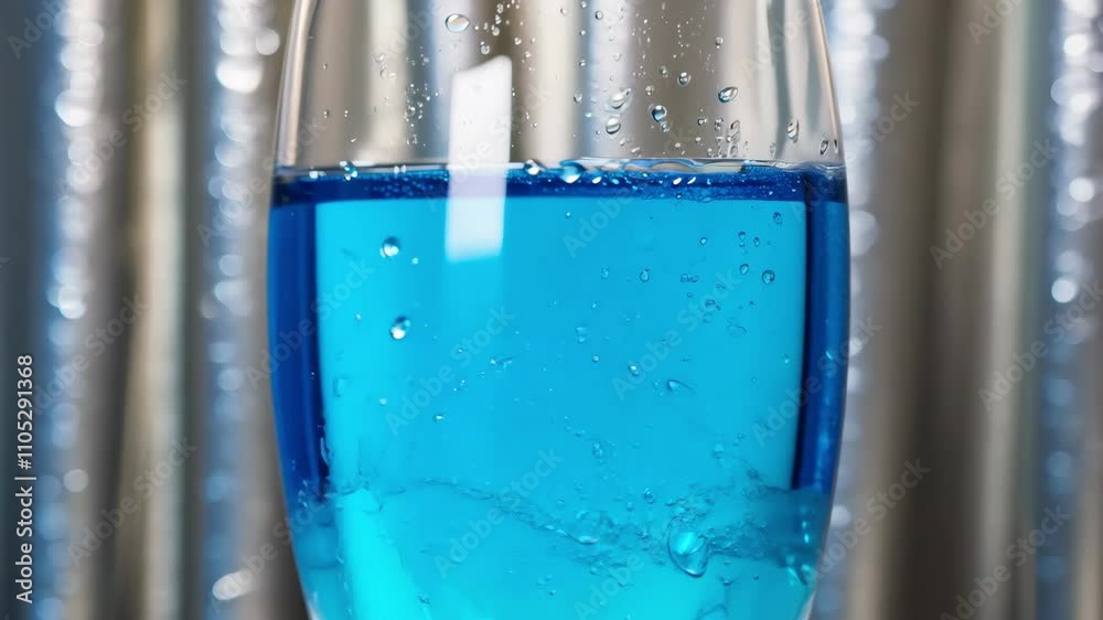 Captivating blue liquid rising with bubbles in transparent glass