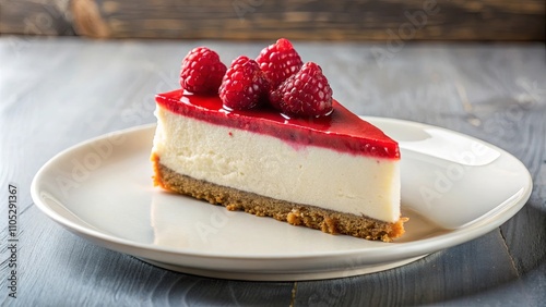 A delectable slice of creamy cheesecake, adorned with fresh raspberries and a glistening raspberry glaze, sits elegantly on a pristine white plate.