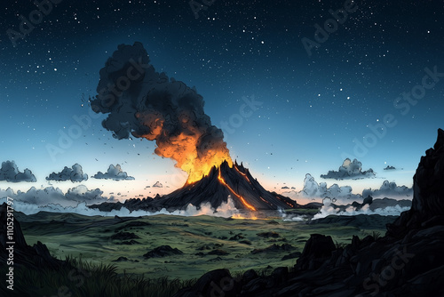 Fiery Majesty: Active Volcano Beneath a Starry Sky