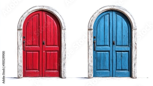 A set of red and blue wooden arched doors, isolated on a white backdrop.