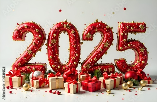 2025 made of Christmas decorations.Balloons,toys,gifts and stars.