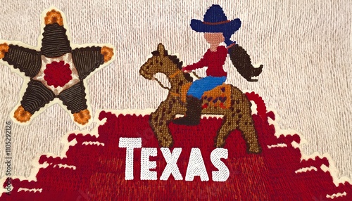 Intricate Texas-themed embroidery depicting a sheriff on a horse, featuring a prominent lone star badge, set against a vibrant red background with a bold Texas inscription. photo