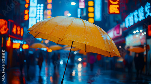 Wallpaper Mural Rainy Night Cityscape: Yellow Umbrella in Neon-lit Streets Torontodigital.ca