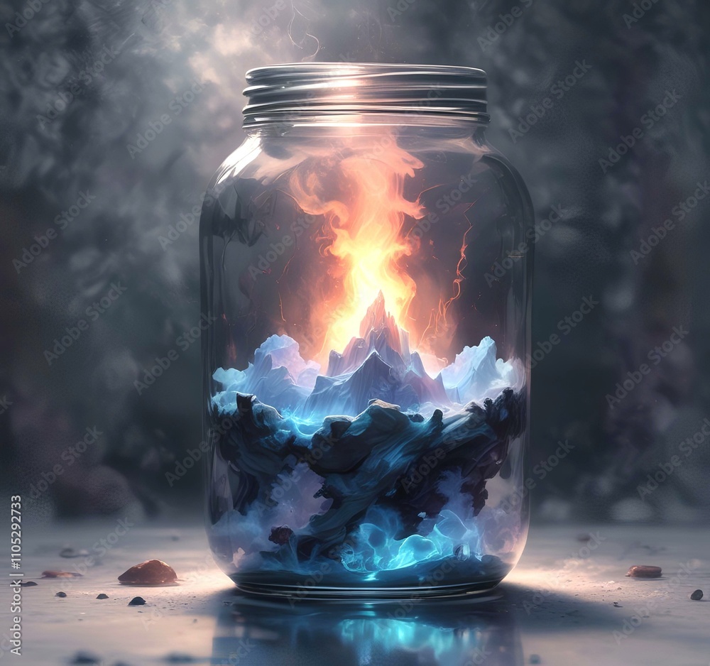 Illustration of glowing and magic dramatic smoke in jar with water reflection.