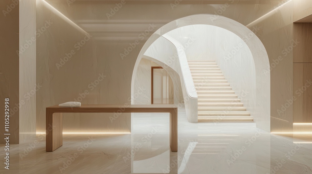 Modern entry with light wood console, marble floors, and a grand staircase lit by sunlight. Modern entry with light wood console, marble floors, and a grand staircase lit by sunlight.