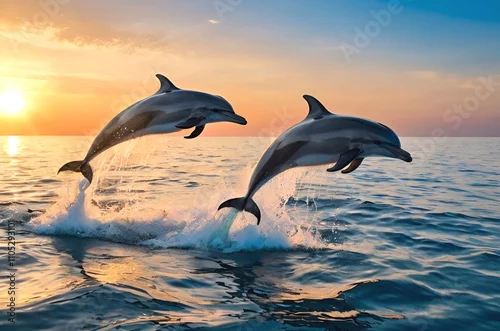 Fototapeta na wymiar Two graceful dolphins leap through the waves, silhouetted against a breathtaking sunset.