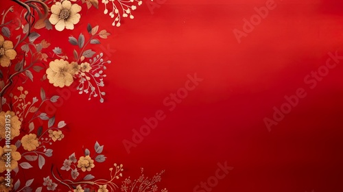 chinese gold ink  in red paper background Flat lay top view copy space photo