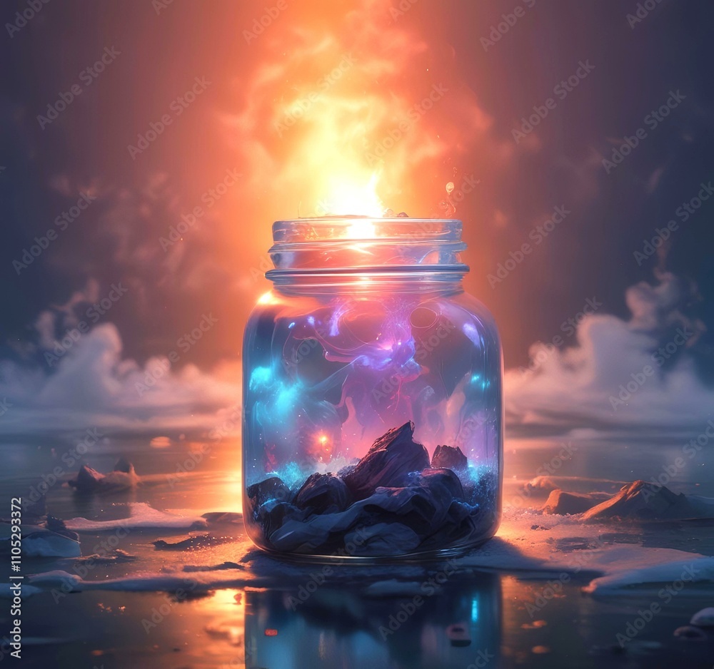 Illustration of glowing and magic dramatic smoke in jar with water reflection. Illustration of glowing and magic dramatic smoke in jar with water reflection.