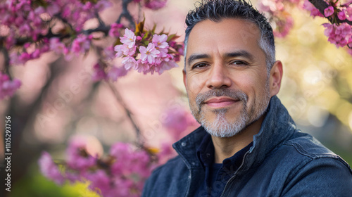 Portrait of a confident mature man among pink cherry blossoms