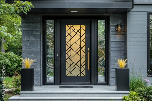 A geometric front door with glass and gold accents, framed by black trim and grey exterior.