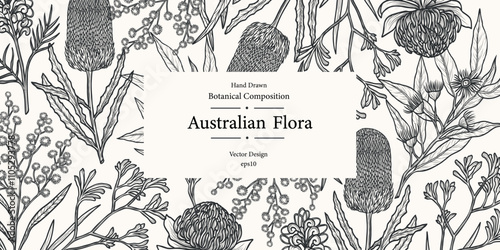 Hand drawn Australian flowers and plants template
