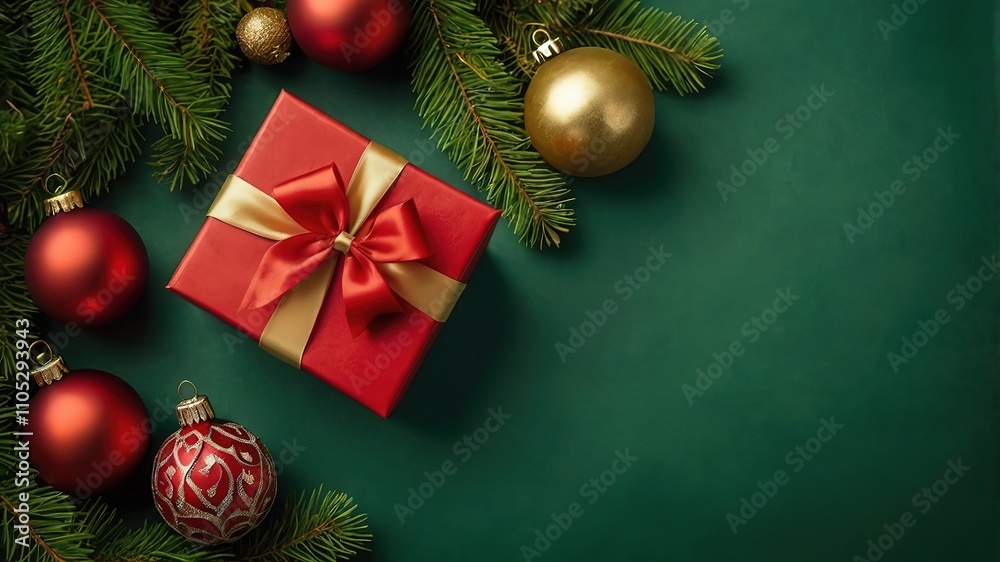 Festive red and green presents adorned with ribbons, surrounded by Christmas ornaments on a vibrant red backdrop, conveying a joyful holiday spirit Festive red and green presents adorned with ribbons, surrounded by Christmas ornaments on a vibrant red backdrop, conveying a joyful holiday spirit