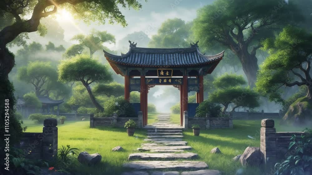 A serene garden scene featuring a traditional archway surrounded by lush greenery and pathways. A serene garden scene featuring a traditional archway surrounded by lush greenery and pathways.