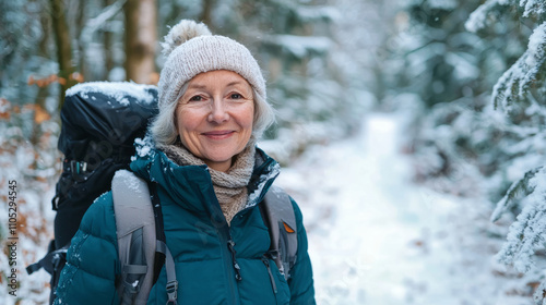 Mature woman enjoying winter hike in snowy forest