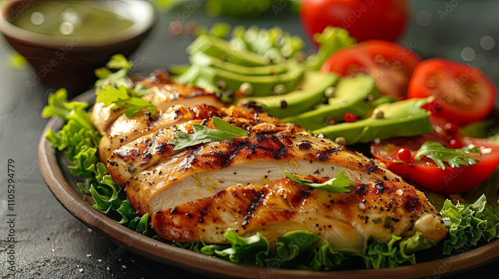 Grilled chicken meat and fresh vegetable salad of tomato, avocado, lettuce background Grilled chicken meat and fresh vegetable salad of tomato, avocado, lettuce background