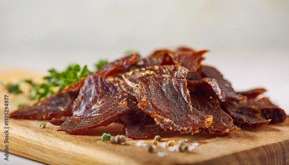 Smoked beef jerky with herbs. Tasty food. Delicious snack. Natural product. Smoked beef jerky with herbs. Tasty food. Delicious snack. Natural product.