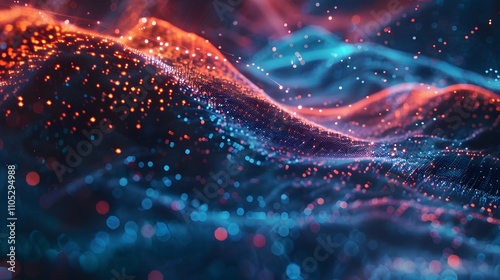 Abstract digital landscape with glowing particles and waves