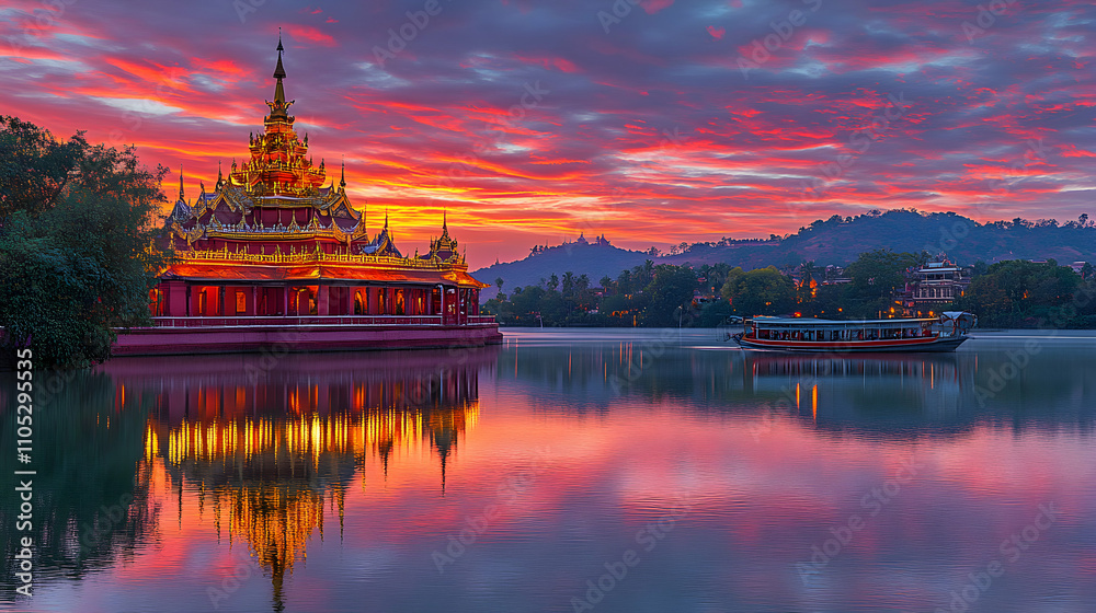 Fototapeta premium Stunning Sunset Reflects on Lake Temple, Boat Tranquilly Sails, Dramatic Sky Colors