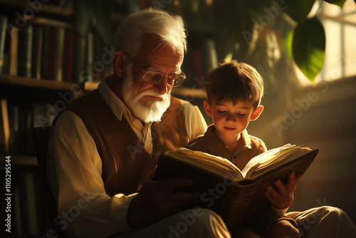 An elderly grandfather in glasses sits with his grandson and reads him a large book at home in the evening. The boy listens attentively