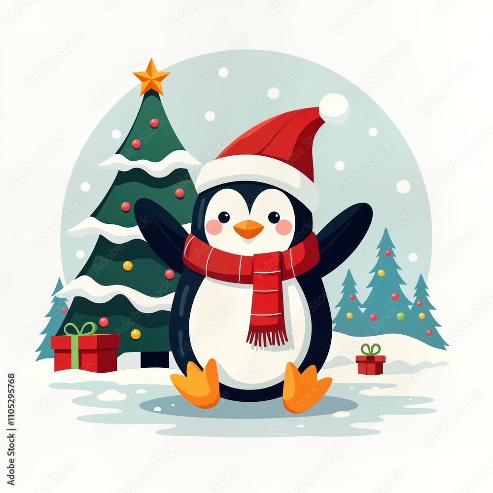 Cute penguin in Santa hat, red scarf celebrates Christmas. Penguin stands amid snowy winter scene with decorated Christmas tree, gift boxes. Happy, adorable animal character for Christmas celebration. Cute penguin in Santa hat, red scarf celebrates Christmas. Penguin stands amid snowy winter scene with decorated Christmas tree, gift boxes. Happy, adorable animal character for Christmas celebration.