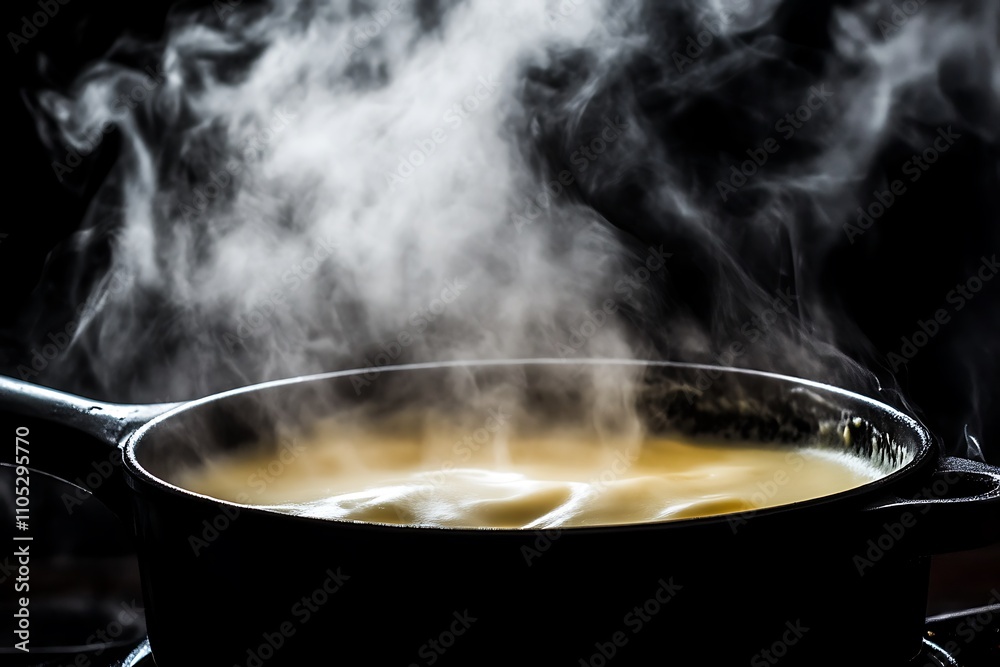 Steaming Creamy Liquid In A Dark Pan Steaming Creamy Liquid In A Dark Pan