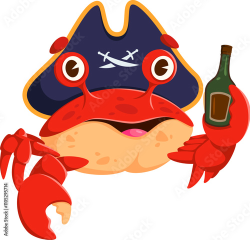 Cartoon crab animal pirate and corsair character with rum bottle. Isolated vector funny filibuster crustacean personage ready for adventures and jovial seaside escapade, exudes spirit of the high seas