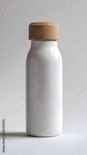 Sleek white bottle with wooden cap for beverages.