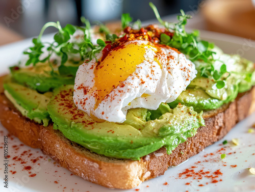 delicious breakfast plate featuring perfectly arranged avocado toast topped with poached egg, garnished with microgreens and spices, creating vibrant and appetizing dish photo