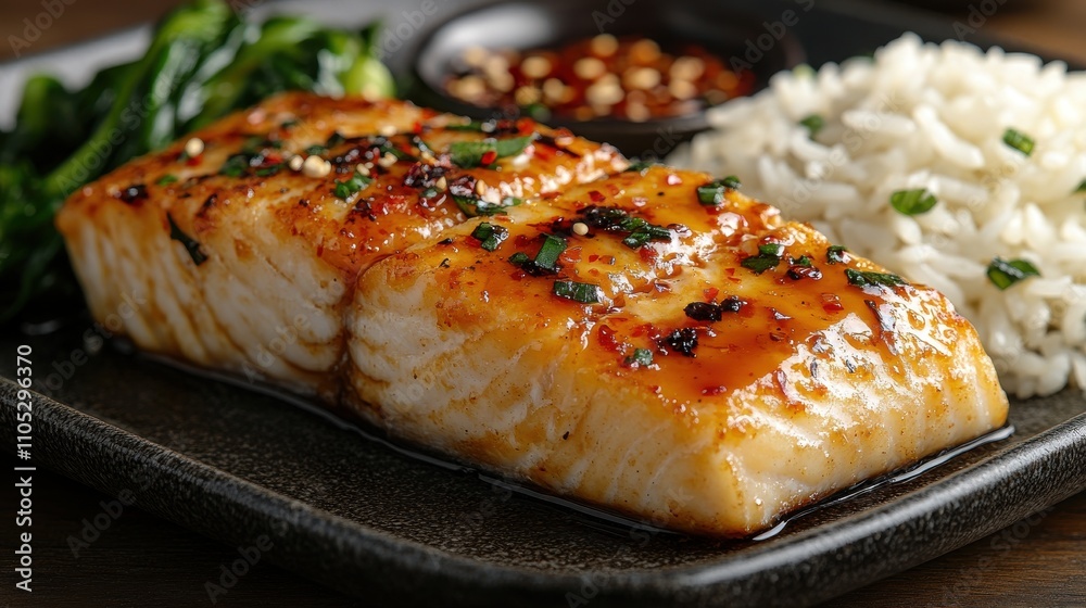 Grilled Barramundi fillet on a bed of jasmine rice, topped with a sweet chili glaze and served with a side of steamed bok choy Grilled Barramundi fillet on a bed of jasmine rice, topped with a sweet chili glaze and served with a side of steamed bok choy