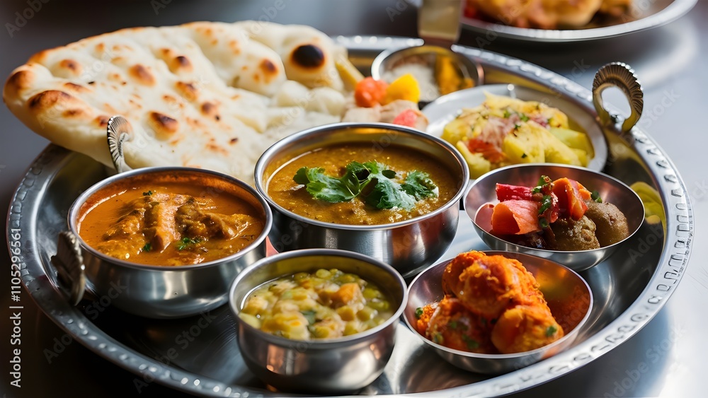 Wide flat lay photograph of delicious traditional Indian Thali dish on a restaurant table in dark background with curries and gravies around Wide flat lay photograph of delicious traditional Indian Thali dish on a restaurant table in dark background with curries and gravies around