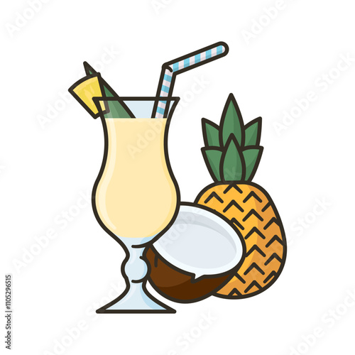 Pina Colada cocktail, pineapple fruit and coconut isolated vector illustration