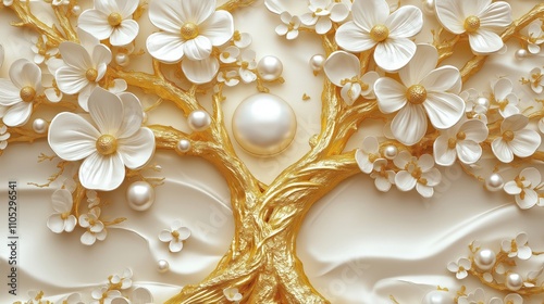 Luxury gold tree decorated with white flowers, pearls. 3D mural wallpaper design. Elegant floral pattern with golden branches. High quality AI generated image. Suitable for interior design projects.