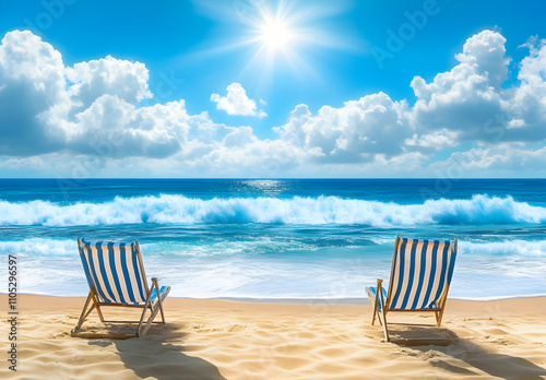 A sunny beach scene with two striped sun chairs on the sand, overlooking an ocean under a blue sky and white clouds.