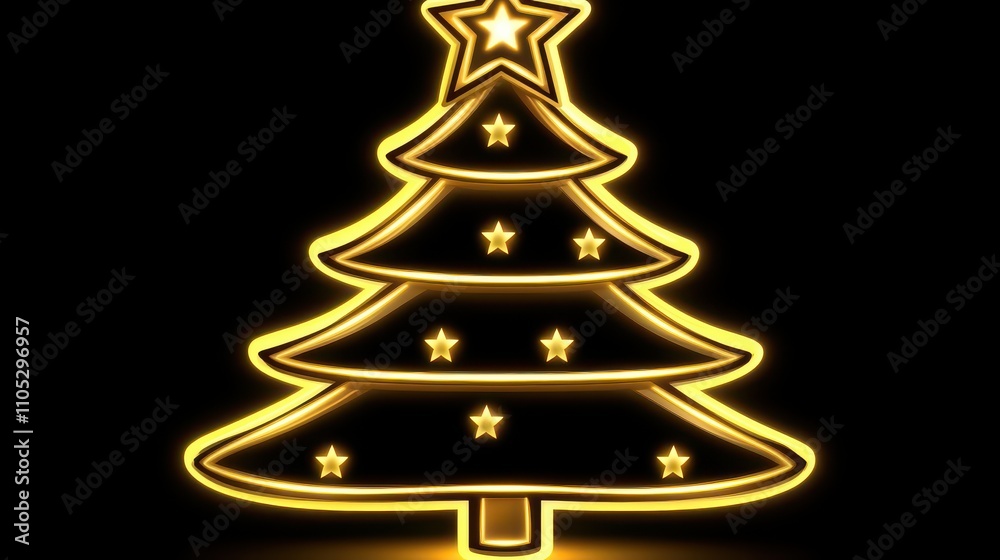 Bright and Vibrant Neon Christmas Tree with Star and Stars Illuminating Against a Dark Background, Perfect for Holiday Celebrations and Seasonal Decorations