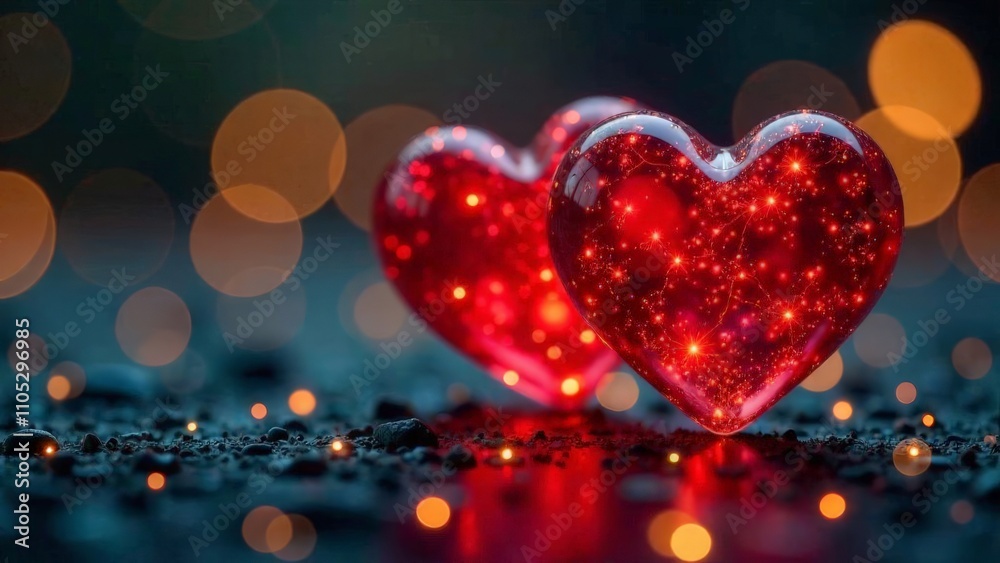 Magic Valentine. Two red hearts on a background with bokeh. Magic Valentine. Two red hearts on a background with bokeh.