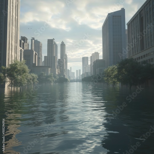 Flooded city street shows sea level rise. High buildings surrounded by water. Calm water reflects buildings. Trees stand in water. Urban area inundated. Climate change disaster. Future city scenario.