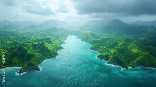 Serene Aerial View of Lush Green Mountains Meeting Turquoise Waters Under Dramatic Cloudy Sky, Perfect for Nature and Landscape Themes photo