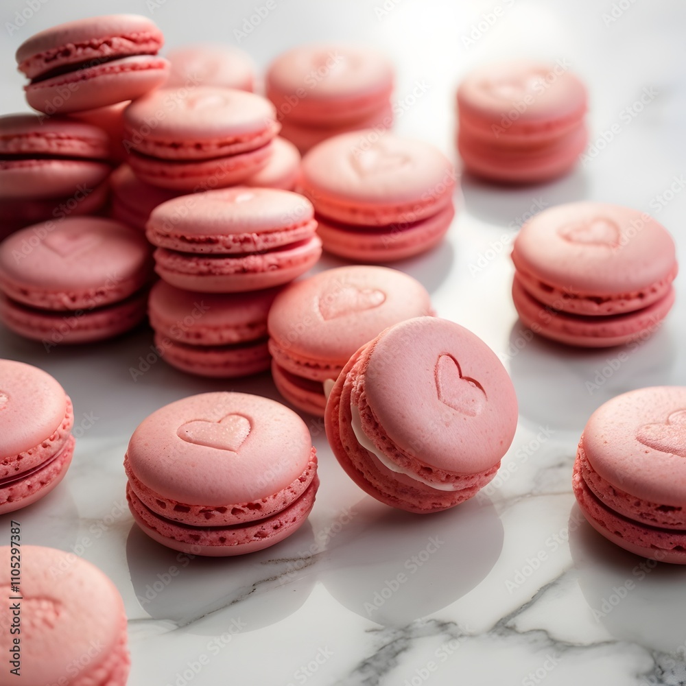 Obraz premium Elegant Pink Raspberry Macarons on Marble with Heart Shaped Decorations