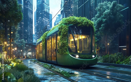 A futuristic green tram covered with living vegetation, including small trees and shrubs, driving through a modern urban cityscape. 