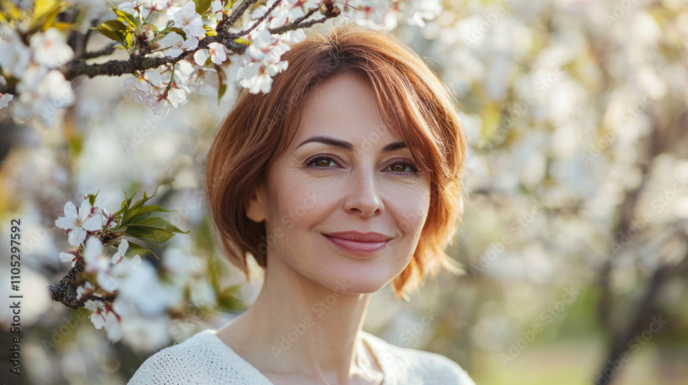 Portrait of a smiling woman surrounded by spring blossoms Portrait of a smiling woman surrounded by spring blossoms