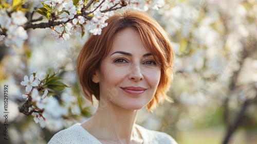 Portrait of a smiling woman surrounded by spring blossoms