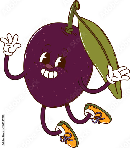 Cartoon groovy black olive vegetable character with vibrant sneakers and welcoming smile, joyfully jumping, captures playful spirit of laid back 60 era. Isolated vector Mediterranean cuisine personage photo