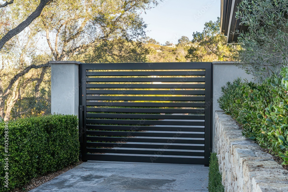 Modern sliding gate with horizontal slats and black matte finish, low stone wall. Modern sliding gate with horizontal slats and black matte finish, low stone wall.