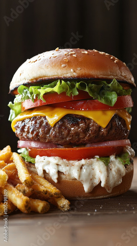 hearty burger stacked high with beef patty, lettuce, tomato, and cheese, served with crispy fries. This delicious meal is perfect for any occasion