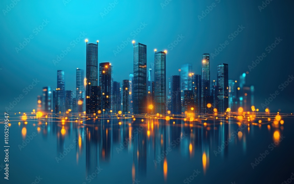 Obraz premium Detailed 3D isometric illustration of a smart cityscape with skyscrapers and glowing network lines, representing urban digital connectivity, set against a sleek blue background.