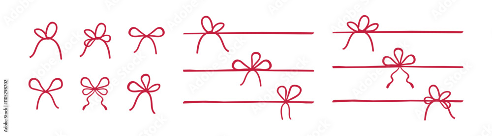 Gift bow for present icons set. Red bow gift ribbons minimal line set, vector drawing. Gift bow for present icons set. Red bow gift ribbons minimal line set, vector drawing.