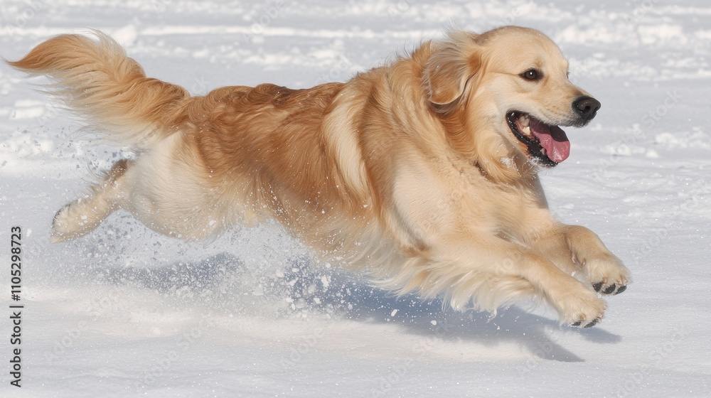 A joyful golden retriever running playfully through the snow, capturing the essence of winter fun and canine energy. A joyful golden retriever running playfully through the snow, capturing the essence of winter fun and canine energy.