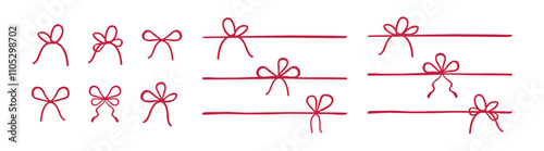 Gift bow for present icons set. Red bow gift ribbons minimal line set, vector drawing. 