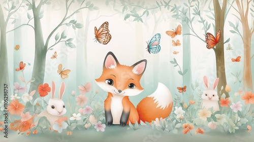 Cute cartoon fox, bunny in forest. Adorable animals surrounded by flowers, butterflies. Peaceful woodland scene. Perfect for kids room decor. Ideal for wallpaper mural design. Lovely art style.