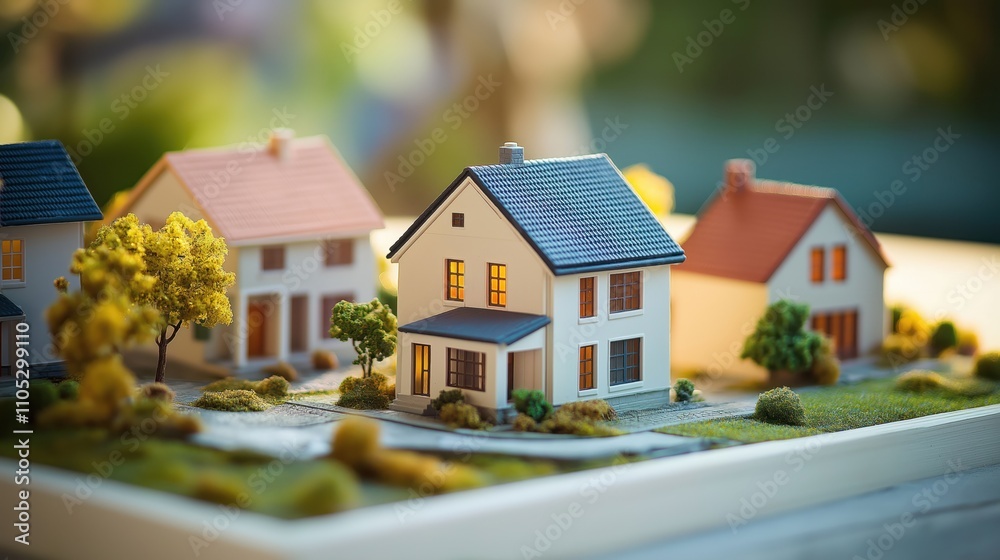 Miniature houses, apartments. Real estate models. Neighborhood scene. Homes display mortgage planning concepts. Investment models. Design plans. Residential properties. Real estate brochure.